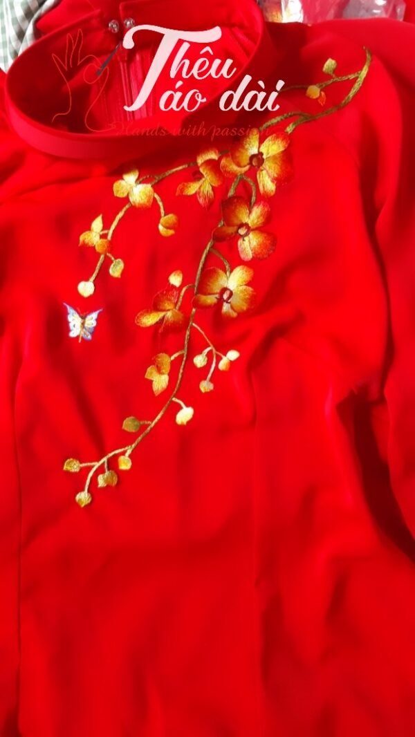 Áo dài truyền thống vải đỏ thêu tay hoa lan Áo dài thêu tay áo dài thêu tay 6