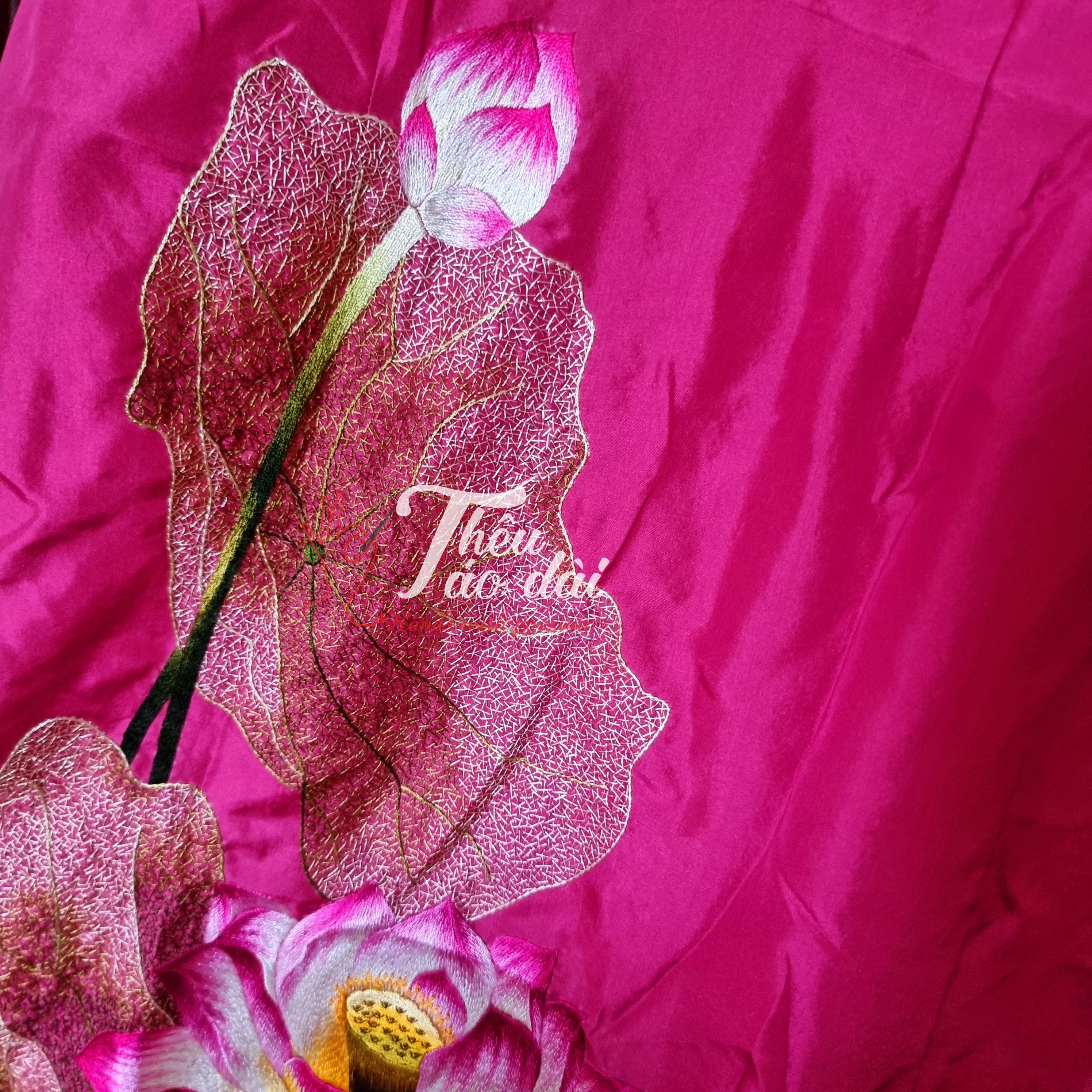 Áo dài vải hồng đậm thêu hoạ tiết hoa sen Áo dài thêu tay áo dài hoa sen 8