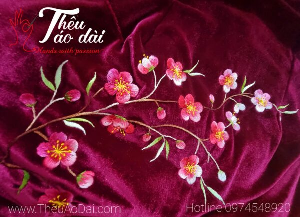 Áo dài vải hồng nhung thêu tay hoa đào Áo dài thêu tay áo dài thêu tay 5